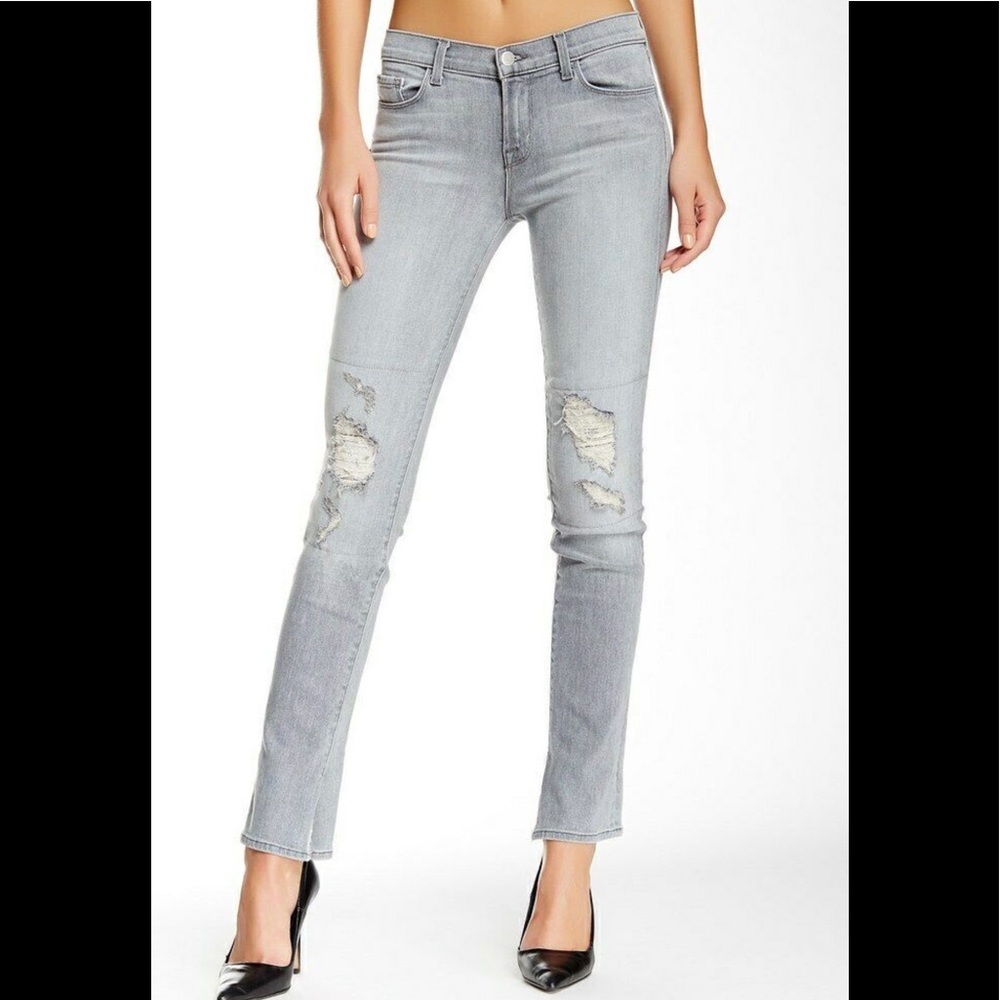 J Brand Light Gray Ripped Straight Leg Jeans